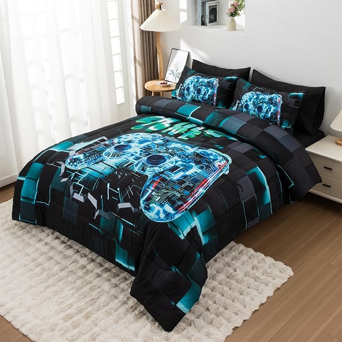 Aimuan Gamer Gaming Bedding Sets 3D Gamepad Comforter Sets for Boys Games Console Action Buttons Novelty Colorful Game Controller Modern Room Decor Home Quilt Set (Cyan, Twin 3PCS)