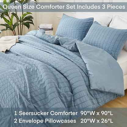 AveLom Seersucker Queen Comforter Set, 90x90, Grayish Blue, 3 Pieces - Soft Microfiber Down Alternative Bedding