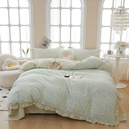 HighBuy Green Ruffle Comforter Set Queen Lace Edge Blue Flower Bedding Comforter Set Coquette Cottagecore Bedding Set with 1 Romantic Comforter 2 Lace Pillow Shams for Teen Girls All Seasons
