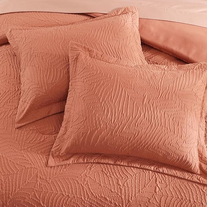 Geniospin Full Size Comforter Set - 7 Pieces Burnt Orange Bedding Set, Botanical Textured Comforter Set, All Season Lightweight Bed in a Bag with Comforter, Sheets, Pillowcases & Shams