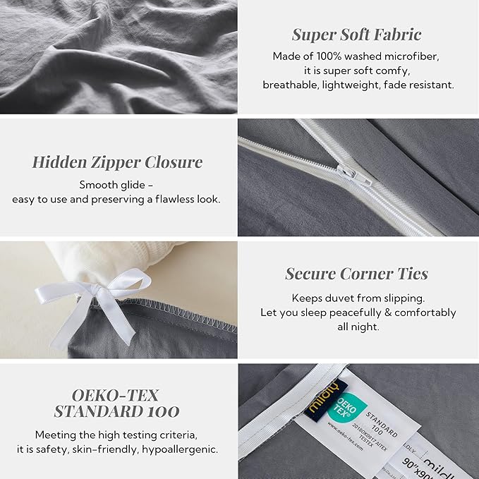 MILDLY Super Soft Duvet Cover - 100% Washed Microfiber Dark Grey Comforter Cover Set 3 Pieces with Zipper Closure & Corner Ties (No Comforter)