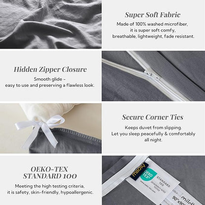 MILDLY Super Soft Duvet Cover - 100% Washed Microfiber Dark Grey Comforter Cover Set 3 Pieces with Zipper Closure & Corner Ties (No Comforter)