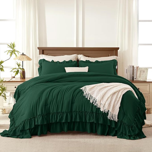 Andency Dark Green Comforter Set Queen Size, Lightweight Fluffy Farmhouse Ruffle Bedding Set, Soft Polyester All Season Shabby Chic Bed Comforter Set 3 Pieces(1 Comforter 2 Pillowcases)