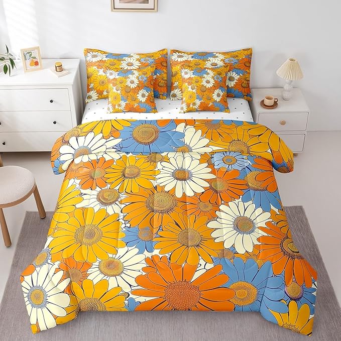 70s Groovy Flowers Comforter Set 7 Pieces,Hippie Retro Daisy Bed Set,Watercolor Farmhouse Style Bedding Bed in a Bag,King (1 Comforter,2 Pillowcase,2 Pillow Covers,1 Flat Sheet,1 Fitted Sheet)