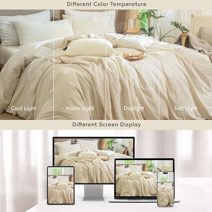 MooMee Striped Duvet Cover Set 100% Washed Cotton Linen Like Textured Breathable Durable Soft Comfy (Almond Milk Grey White Wide Stripes, Palatial King/Oversized King 120"x98")