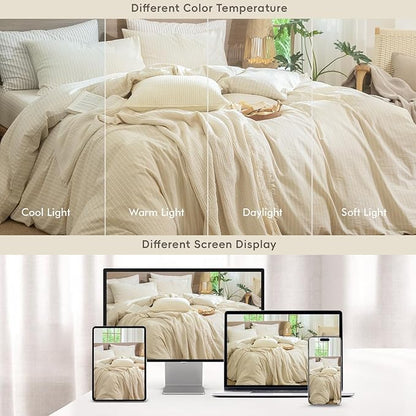 MooMee Striped Duvet Cover Set 100% Washed Cotton Linen Like Textured Breathable Durable Soft Comfy (Almond Milk Grey White Wide Stripes, Palatial King/Oversized King 120"x98")