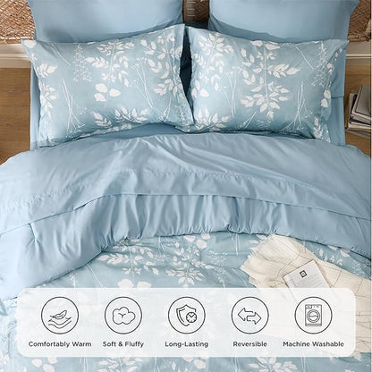 Bedsure Sky Blue Full Comforter Set - 7 Pieces Floral Bedding Sets, Full Bed in a Bag with Reversible Botanical Flowers Comforter, Sheets, Pillowcases & Shams