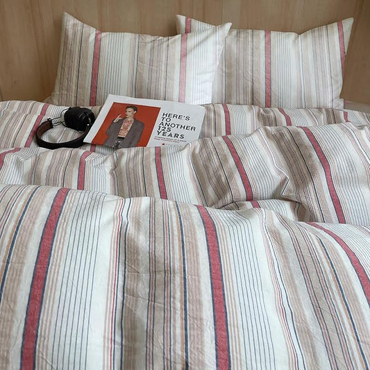 EAVD Geometric Striped Duvet Cover Full 100% Washed Cotton Multi-Color Pinstriped Bedding Set with 2 Pillowcases Modern Farmhouse Geometric Pattern Duvet Cover with Zipper Closure