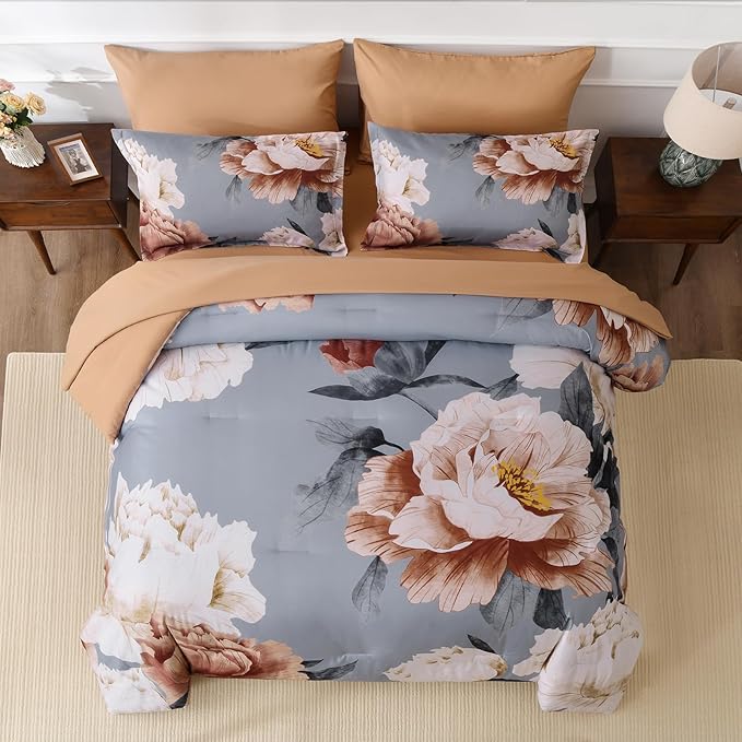 Dobuyly Floral Comforter Set King Size, Brown Flower Printed on Grey Comforter Set with Sheets, 7 Piece Botanical Bed in a Bag, Soft Microfiber Farmhouse Bedding Set for All Season