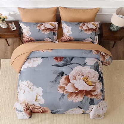 Dobuyly Floral Comforter Set King Size, Brown Flower Printed on Grey Comforter Set with Sheets, 7 Piece Botanical Bed in a Bag, Soft Microfiber Farmhouse Bedding Set for All Season