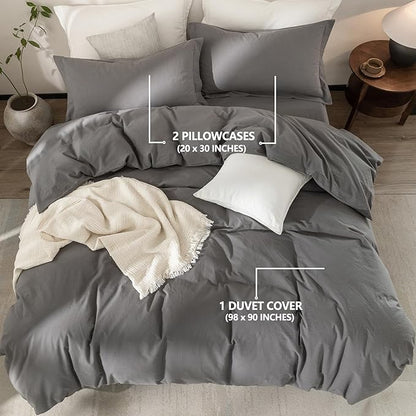 100% Washed Cotton Duvet Cover Super Queen Size Dark Grey Bedding Set Cover 1 Duvet Cover with Zipper Closure and 2 Pillowcases, 98inch x 90inch