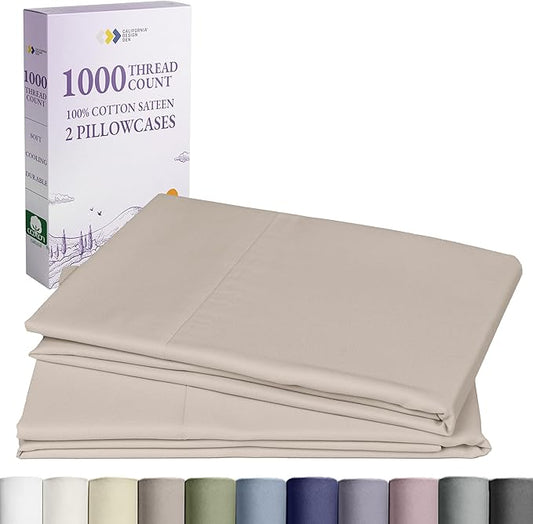 California Design Den Pillow Cases King Size Set of 2-1000 Thread Count Sateen, Soft and Thick 100% Cotton King Pillowcases, Durable - Beige (Sand Tone)