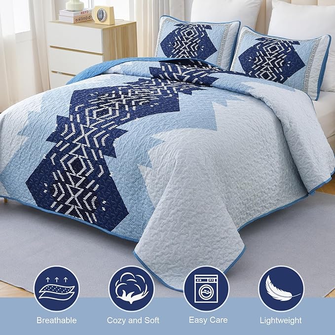 Dintszyayue Boho Quilt Set King Size,Blue Bedspread 3 Pieces Geometric Aztec Pattern Bedding Coverlet Set Bohemian Quilt Bedding Set Soft Microfiber Quilt Bed Spread for All Season(Blue,90"x103")