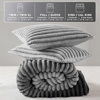 Intelligent Design King Comforter Set, Plush Bedding, Microfiber Reverse, 3 Piece, Lightweight, Super Soft Ribbed Velvet Comforter 2 Shams, All Season Fluffy Bed Set, Avril, King/Cal King Grey Ombre
