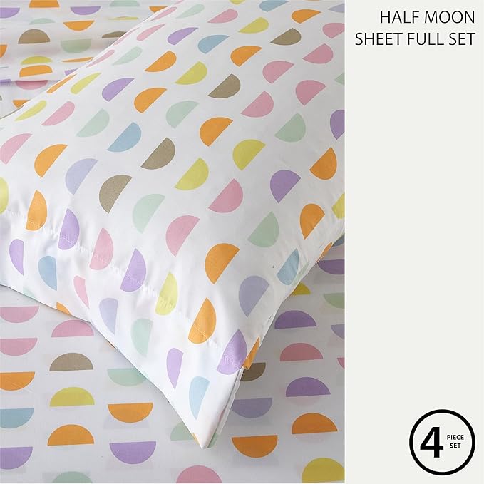 Heritage Kids 4 Piece Sheet Set, Including Top Sheet, Fitted Sheet and 2 Pillow Cases, Multi Color Half Moon, Full