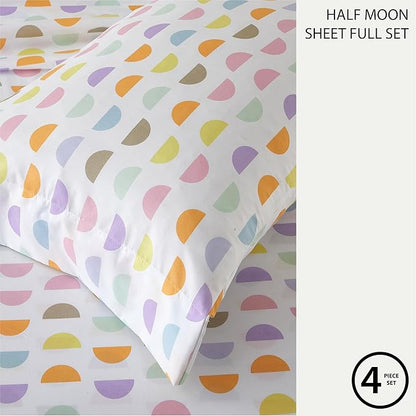Heritage Kids 4 Piece Sheet Set, Including Top Sheet, Fitted Sheet and 2 Pillow Cases, Multi Color Half Moon, Full