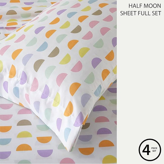 Heritage Kids 4 Piece Sheet Set, Including Top Sheet, Fitted Sheet and 2 Pillow Cases, Multi Color Half Moon, Full
