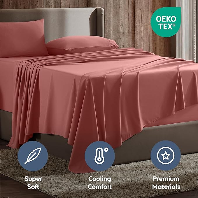 Nestl Queen Sheet Set - Luxury 1800 Ultra-Soft Microfiber Bed Sheets - Double Brushed - Deep Pockets - Easy Fit - 4 Piece Set - Bedding Sheets & Pillowcases (Queen, Pink Clay)