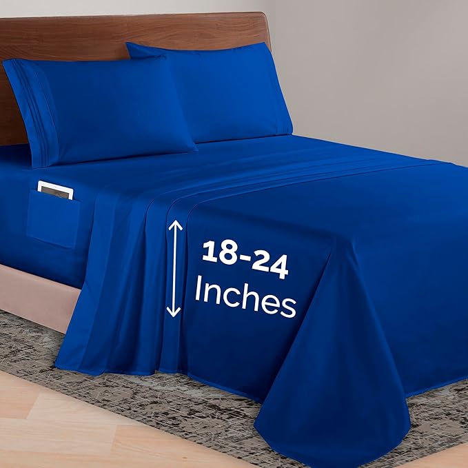 Elegant Comfort Luxurious 1500 Premium Hotel Quality Microfiber 4-Piece Sheet Set, 18-24 Inches Deep - Extra Deep Pocket Sheets - Ultra Soft 4PC Deep Pocket Sheets, Full, Royal Blue