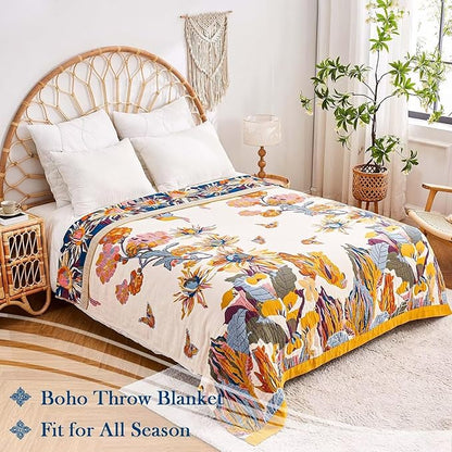 Boho Throw Blanket, 100% Cotton Ultra Soft Luxury Throw Rustic Quilt, 60"x80" Floral Bird Butterfly Farmhouse Decor Bed Blankets, All Season Rustic Reversible Bohemian Throw for Bed - Yellow