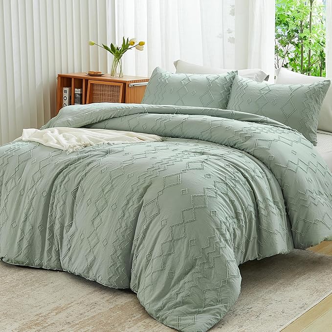 Andency Sage Green Tufted Comforter Set Queen(90x90Inch), 3 Pieces(1 Tufts Comforter, 2 Pillowcases) Boho Textured Farmhouse Bed, Microfiber Down Alternative Geometric Bedding Set