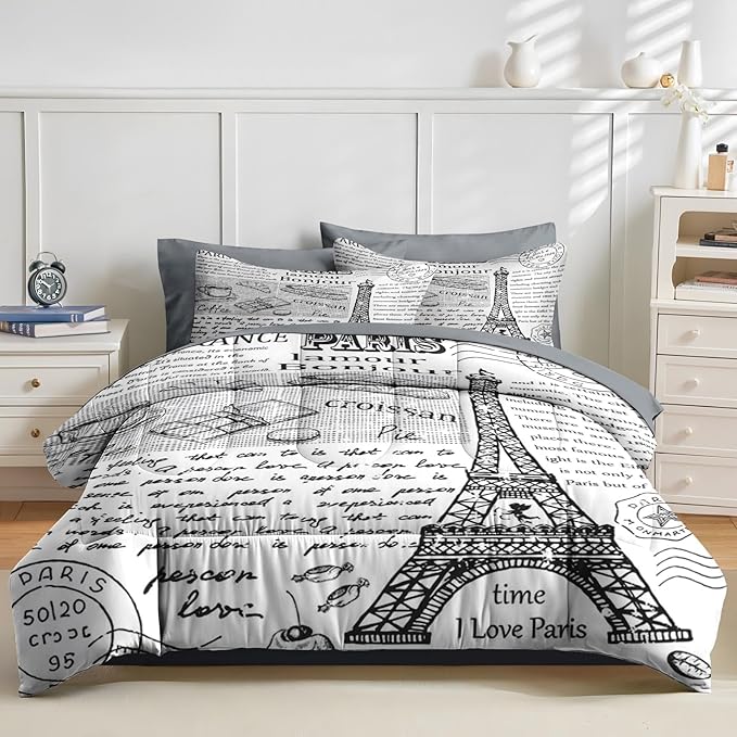 Nesker Comforter Set Twin Size, Retro Eiffel Tower Paris 5 Pcs Bedding for Kids and Adults, Vintage French Cafe Bed Sheet Sets with Fitted Sheet Pillowcase & Sham