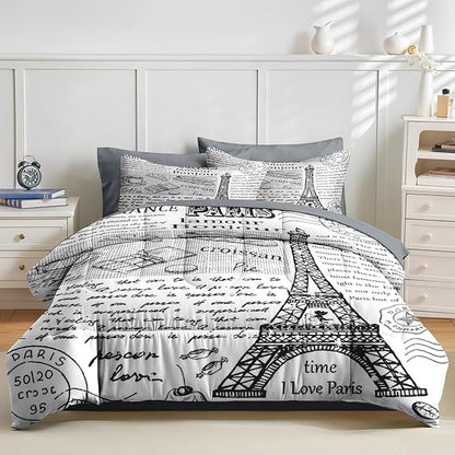 Nesker Comforter Set Twin Size, Retro Eiffel Tower Paris 5 Pcs Bedding for Kids and Adults, Vintage French Cafe Bed Sheet Sets with Fitted Sheet Pillowcase & Sham