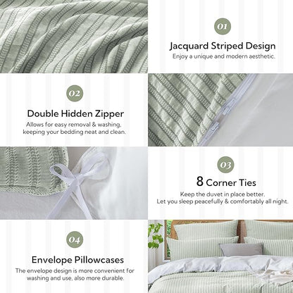 MILDLY Jacquard Stripe Duvet Cover - Sage Green 100% Washed Cotton Boho Textured Comforter Cover Set with Zipper Closure 90"x90"