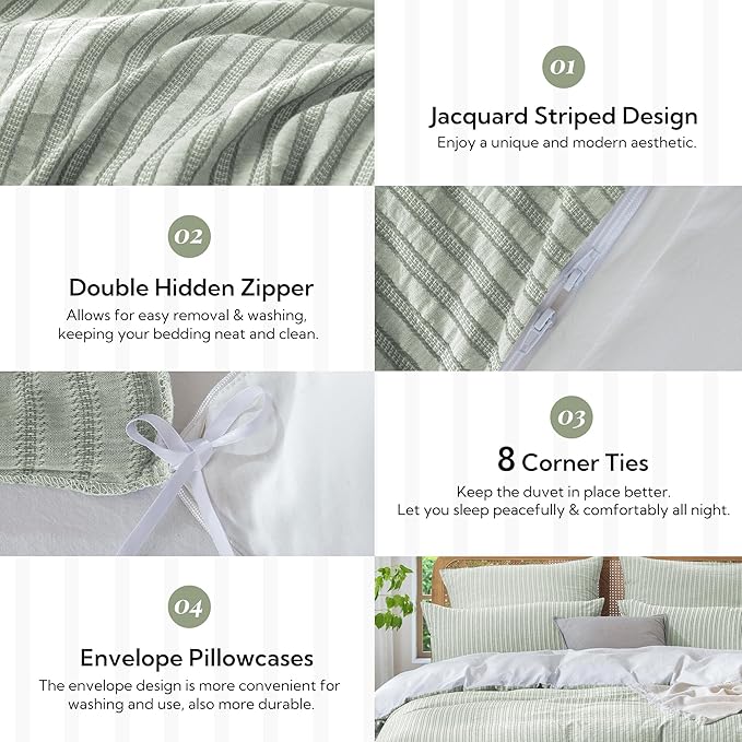 MILDLY Jacquard Stripe Duvet Cover - Sage Green 100% Washed Cotton Boho Textured Comforter Cover Set with Zipper Closure 80"x90"