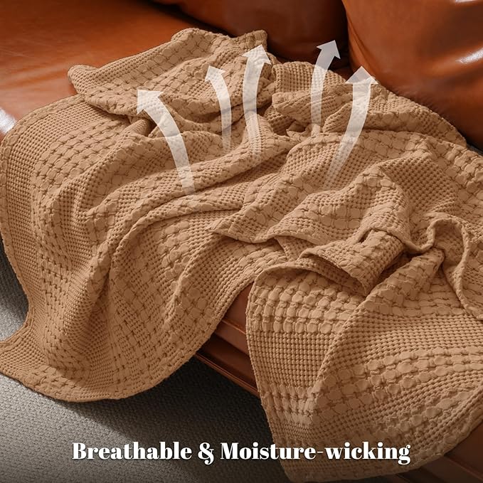 PHF 100% Cotton Waffle Weave Blanket Queen Size for Bed, Soft Lightweight & Breathable for Spring and Summer, All-Season Comfort, Luxury Aesthetic Blanket for Home Decor, 90"x90", Clay