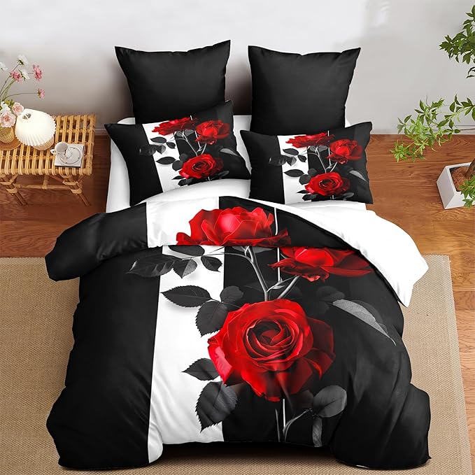 Rose Comforter Set Full Black Red Bedding Set Striped Floral Bedding for Women Aesthetic Comforter with 2 Pillowcases, Ultra Soft Lightweight 3Pieces
