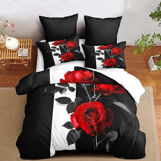 Rose Comforter Set Full Black Red Bedding Set Striped Floral Bedding for Women Aesthetic Comforter with 2 Pillowcases, Ultra Soft Lightweight 3Pieces