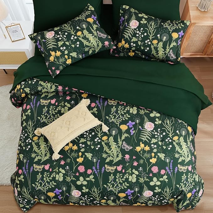 Yiran Queen Comforter Set 7 Piece, Dark Green Floral Bedding Set, Bed in a Bag Queen with Botanical Flowers Patterns, Soft Lightweight Complete Comforters with Sheets for All Season