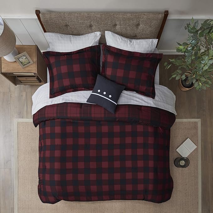Madison Park Essentials Cozy Bed in A Bag - Reversible Comforter with Complete Sheet Set, Casual Plaid Cabin Design, All Season Cover, Decorative Pillow, Everest Plaid Red Twin(68"x86") 6 Piece