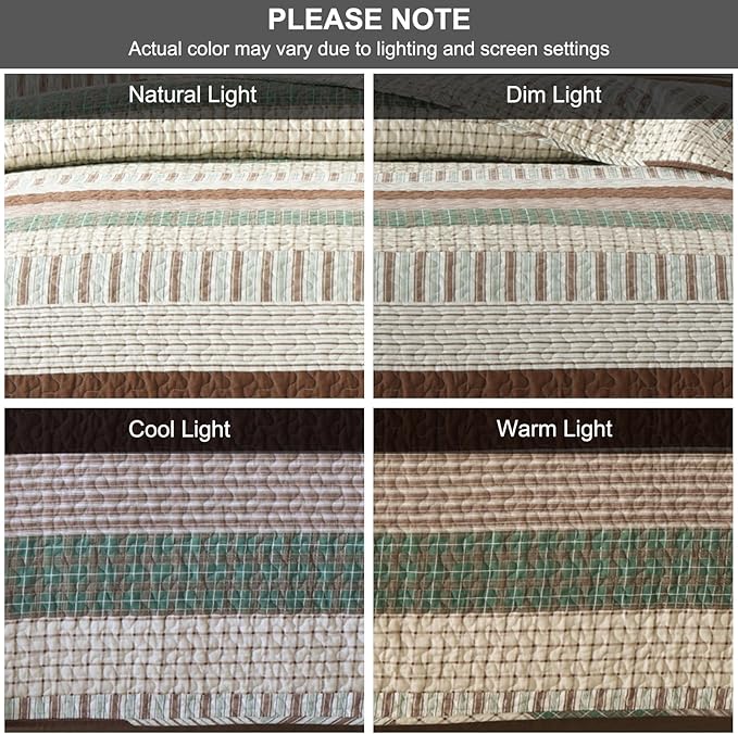 PANGUSHAN 100% Cotton Quilt Set King Size, Patchwork King Quilt Bedding Set Bedspreads, Farmhouse Lightweight Comforter Reversible Quilt, Green/Brown/Beige Bed Spread for All Season, 3 Pieces