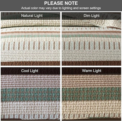 PANGUSHAN 100% Cotton Quilt Set King Size, Patchwork King Quilt Bedding Set Bedspreads, Farmhouse Lightweight Comforter Reversible Quilt, Green/Brown/Beige Bed Spread for All Season, 3 Pieces