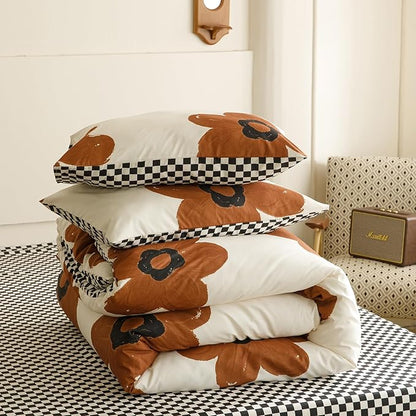 KAREVER Pumpkin Floral Comforter Full White with Pumpkin Flower Bedding Set 3 PCs Comforter Set Full Size Comforter (80x90 Inches) with 2 Pillowcases (26x26 inches)