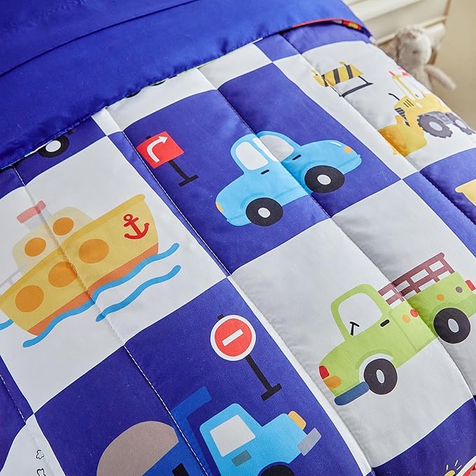 White Navy Toddler Bedding Set for Boys Girls Colorful Cars Vehicle Auto Fire Engine Bulldozer 4PC Toddler Bed Set - Soft Cute Toddler Plaid Patchwork Bed in a Bag with Sheet Set and Pillow Shams