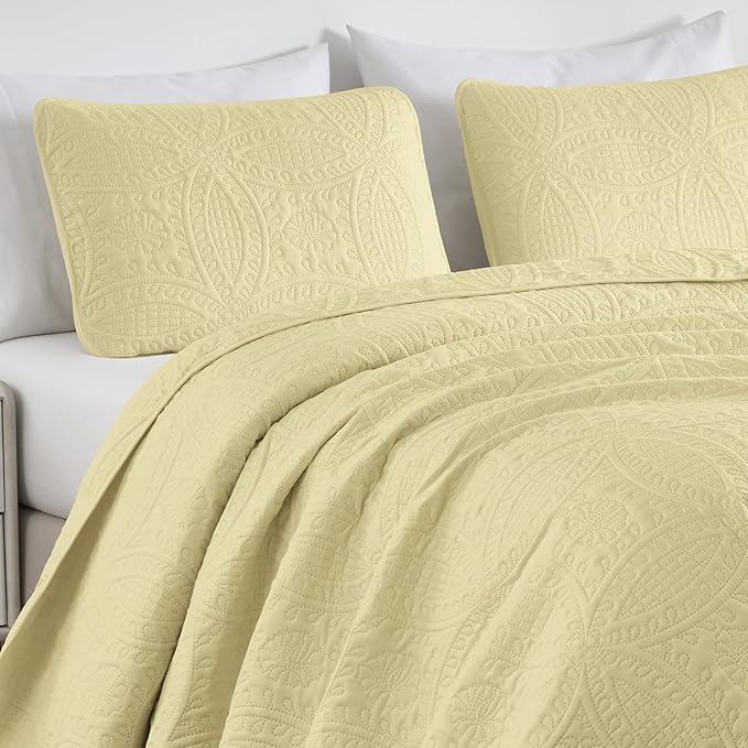 Chezmoi Collection Austin King Oversized Bedspread Set, 3-Piece Pinsonic Quilted Lightweight Microfiber Bedspread Coverlet, Pastel Yellow | Oversized, Lightweight, Fade Resistant