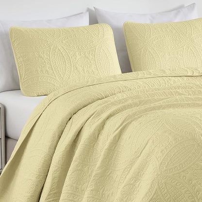 Chezmoi Collection Austin King Oversized Bedspread Set, 3-Piece Pinsonic Quilted Lightweight Microfiber Bedspread Coverlet, Pastel Yellow | Oversized, Lightweight, Fade Resistant