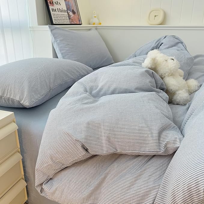 mixinni Striped Duvet Cover Set- 100% Washed Cotton Blue Comforter Cover with White Pinstripe Stripes Pattern Printed Bedding Set with Zipper Closure, 3 Pieces, Twin XLSize