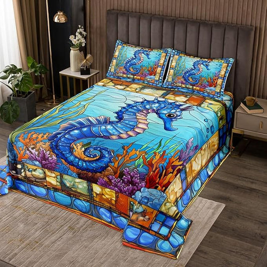 Seahorse Kids Bedspread Queen Size,Hippocampus Coral Seaweed Marine Life Coverlet Set,Boys Girls Room Decor,Ocean Animal Geometric Abstract Quilted Coverlet,Sea Blue Bedding Quilt,2 Pillowcases