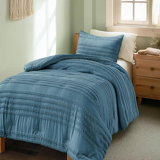BEDELITE Boho Twin/Twin XL Comforter Set，Dusty Blue Tufted Striped Bed Set 2 Pieces, Soft Vintage Farmhouse Comforter for College, Boho Home Dorm Decor, Fluffy Jacquard Bedding with 1 Pillow Sham