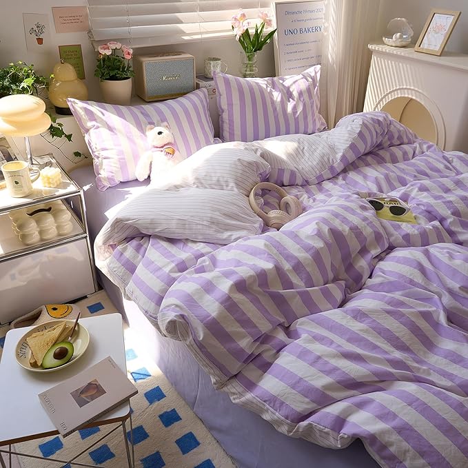 EAVD Farmhouse Purple Striped Duvet Cover Twin XL Soft Washed Microfiber Pink White Vertical Striped Bedding Set with 2 Pillowcases Modern Geometric Pattern Duvet Cover with Zipper Closure