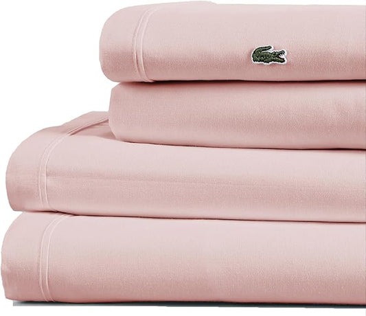 Lacoste 100% Cotton Percale 3-Piece Sheet Set – Cool, Crisp, Matte, and Durable, Oeko-Tex Certified – Solid, Iced Pink, Twin XL