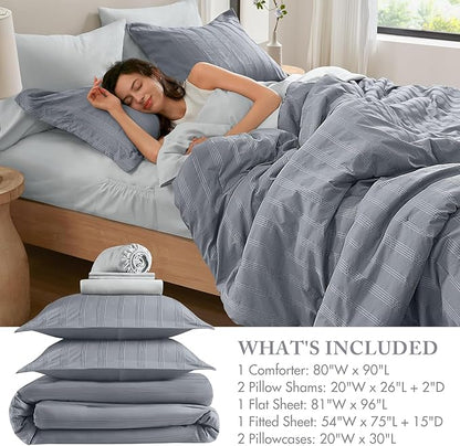 Madison Park Essentials Striped Comforter Set Full, 7 Pieces Modern Minimalist Jacquard Bedding Set for All Season, Bed in A Bag with Sheet Set and Soft Brushed Reverse, Lightweight Blue/Grey
