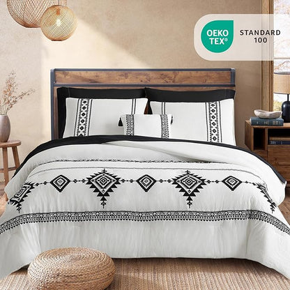MaiRêve Embroidery Comforter Set King Size 7 Pieces, Boho Farmhouse Western Bedding All Season Bed in A Bag, White Black King Comforter Set with Sheets, Pillowcases & Shams