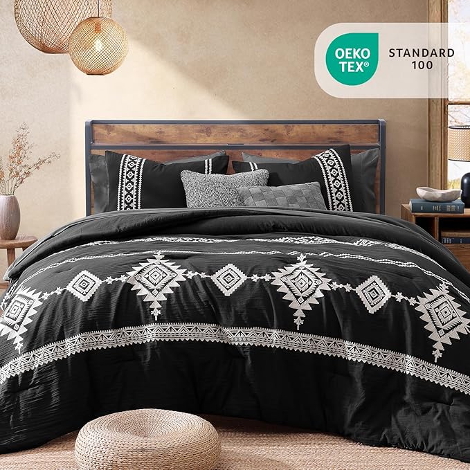 MaiRêve Embroidery Queen Size Comforter Set Black, Boho Farmhouse Western Bedding Set 7 Pieces, All Season Bed in A Bag Comforter Set with Sheets, Pillowcases & Shams