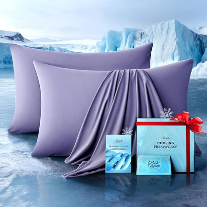 Ultra-Chill Cooling Pillowcase Set of 2 for Hot Sleepers, Softer Than Silk Pillow Cases for Protecting Hair & Skin, Breathable Bed Pillow Covers w/Zipper, Gifts for Women Men(Purple, Standard)