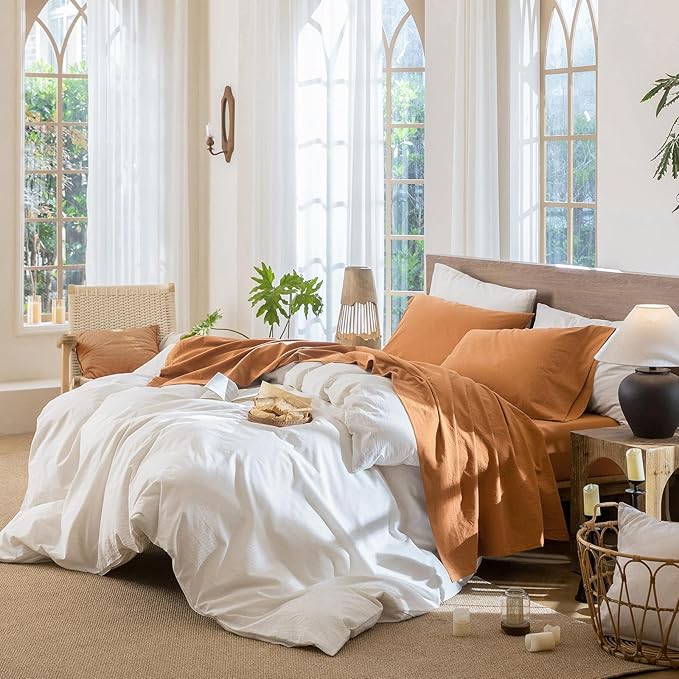 MooMee Bedding Sheet Set 100% Washed Cotton Linen Like Textured Breathable Durable Soft Comfy (Solid Burnt Orange, Queen)